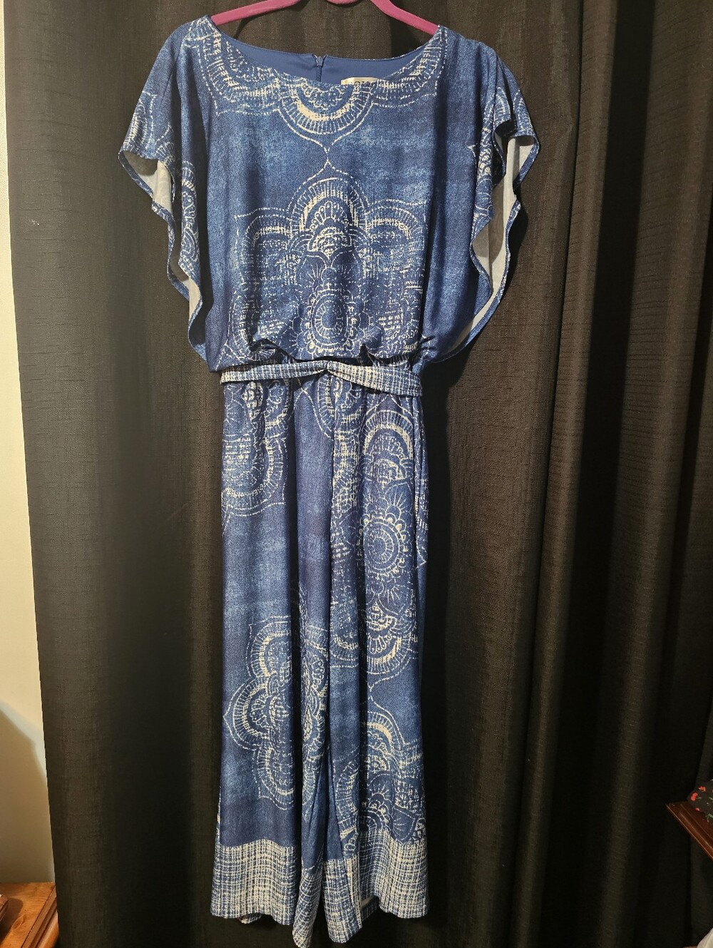Soho Apparel Blue and White Mandala-Print Flutter Jumpsuit
